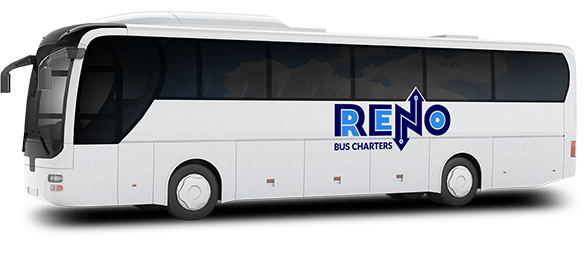 a plain white charter bus with a Reno bus charters logo on it